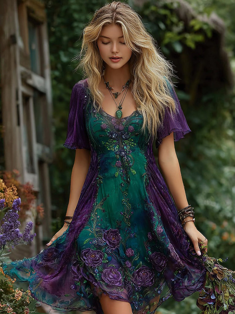 Women's Retro Purple Rose Pattern Casual Short Dress