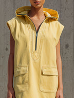 Casual Retro Sleeveless Yellow Denim Hooded Half-zip Mini Dress
