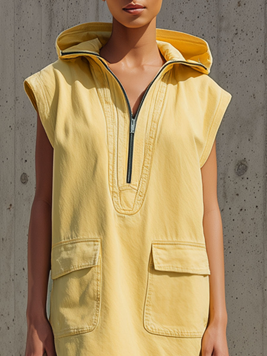 Casual Retro Sleeveless Yellow Denim Hooded Half-zip Mini Dress