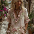 Vintage Rose Gemstone Bead Embroidery Art V-neck Short-sleeved Shirt