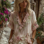 Vintage Rose Gemstone Bead Embroidery Art V-neck Short-sleeved Shirt