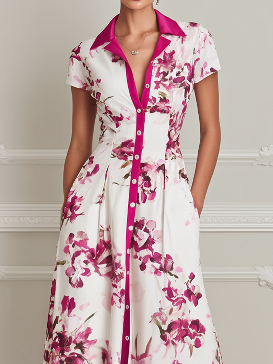 Elegant Floral Shirt Collar Midi Dress