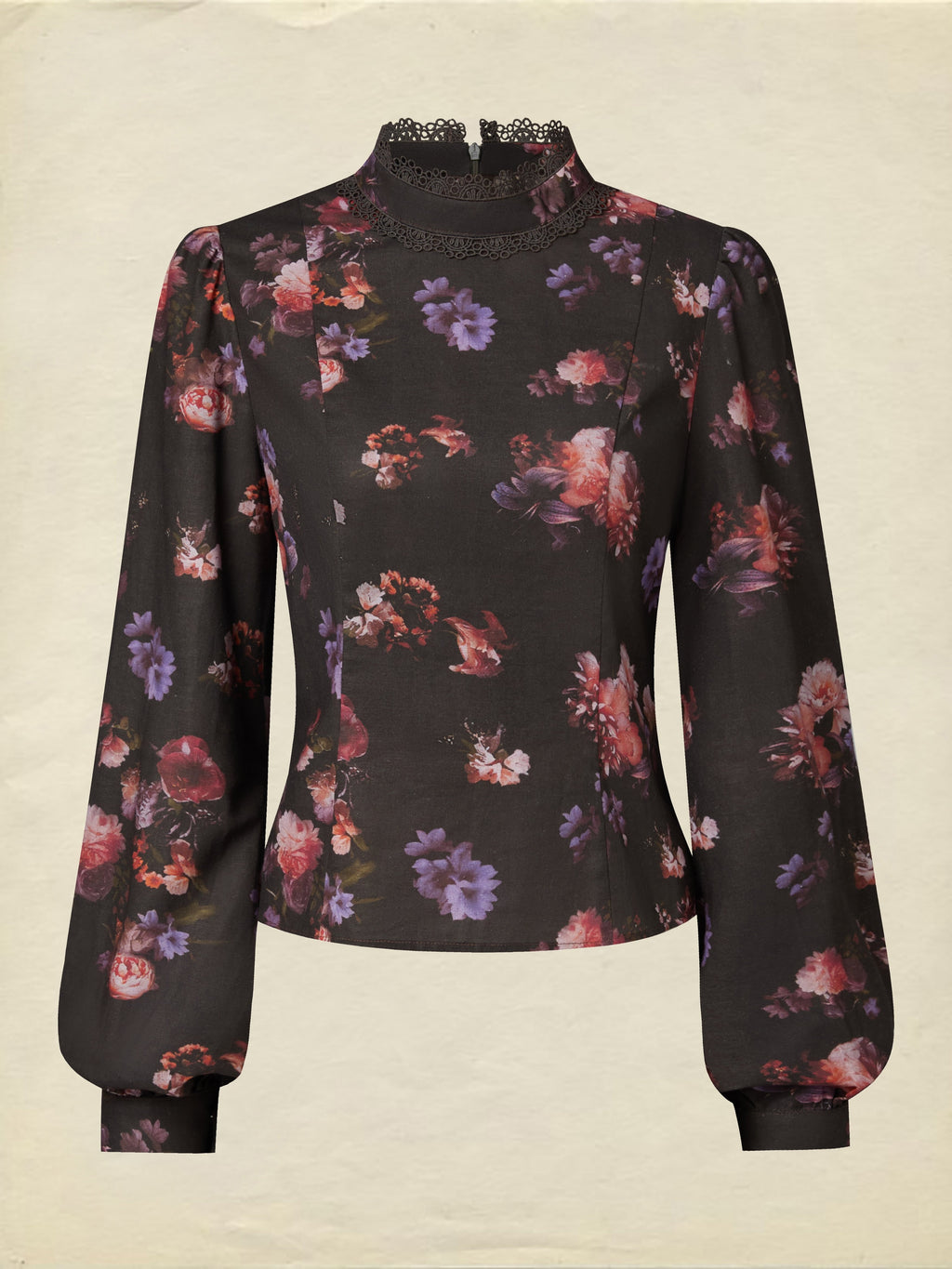 Cotton Blouse, Long Sleeves, Stand Collar, Floral, Lace, Vintage, Black