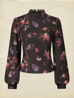 Cotton Blouse, Long Sleeves, Stand Collar, Floral, Lace, Vintage, Black
