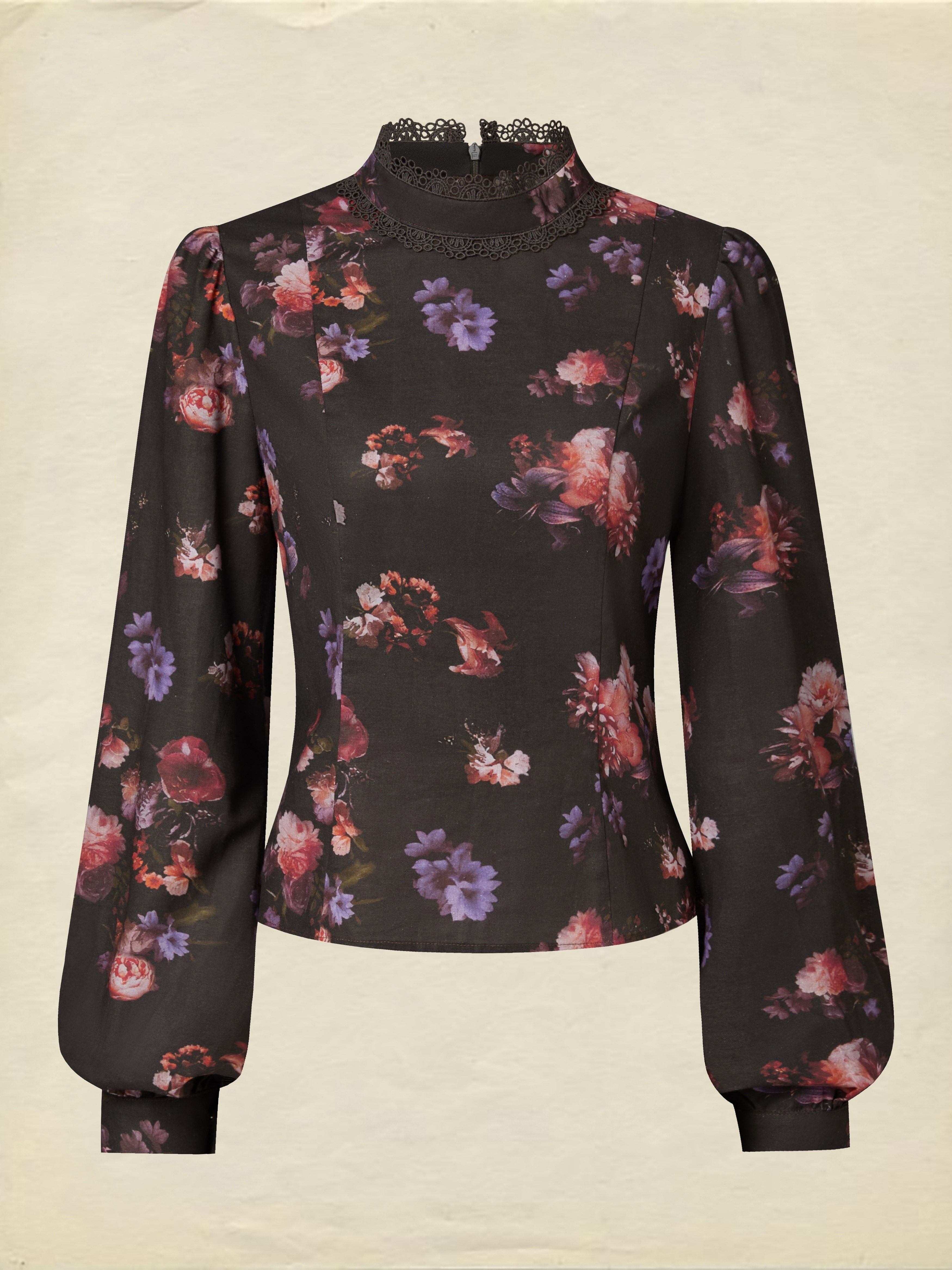 Cotton Blouse, Long Sleeves, Stand Collar, Floral, Lace, Vintage, Black