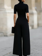 Minimalist Black Turtleneck Top & Wide-Leg Pants Co-ord Set