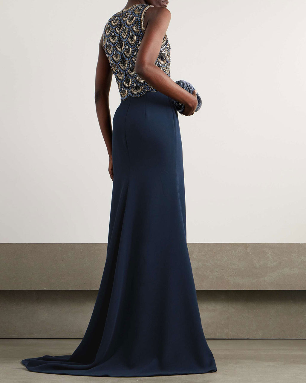Crystal-Embellished Tulle Jacket and Crepe Gown Two-Piece Set