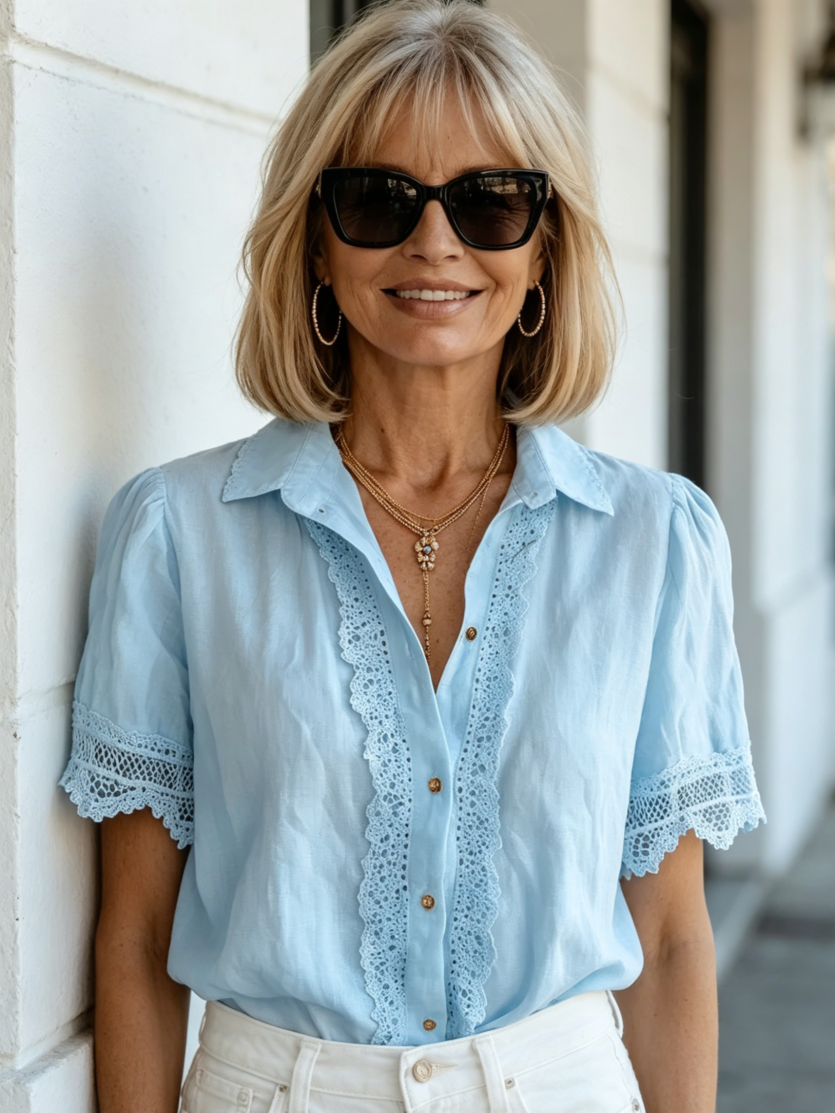 Lace Cotton and Linen Short-sleeved Casual Shirt Women