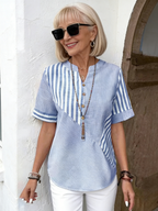 Women Blouse Casual Striped Short Sleeve Notched Regular Loose Shirt