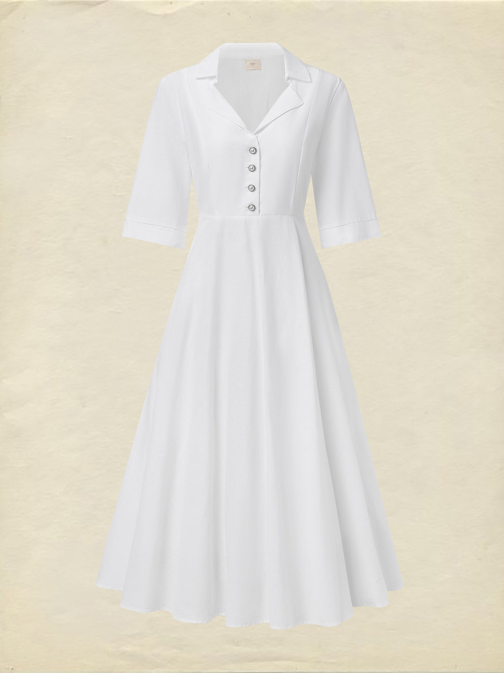 Linen Maxi Dress, Half Sleeve, Shawl Collar, Plain, Vintage, White
