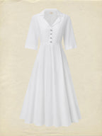 Linen Maxi Dress, Half Sleeve, Shawl Collar, Plain, Vintage, White