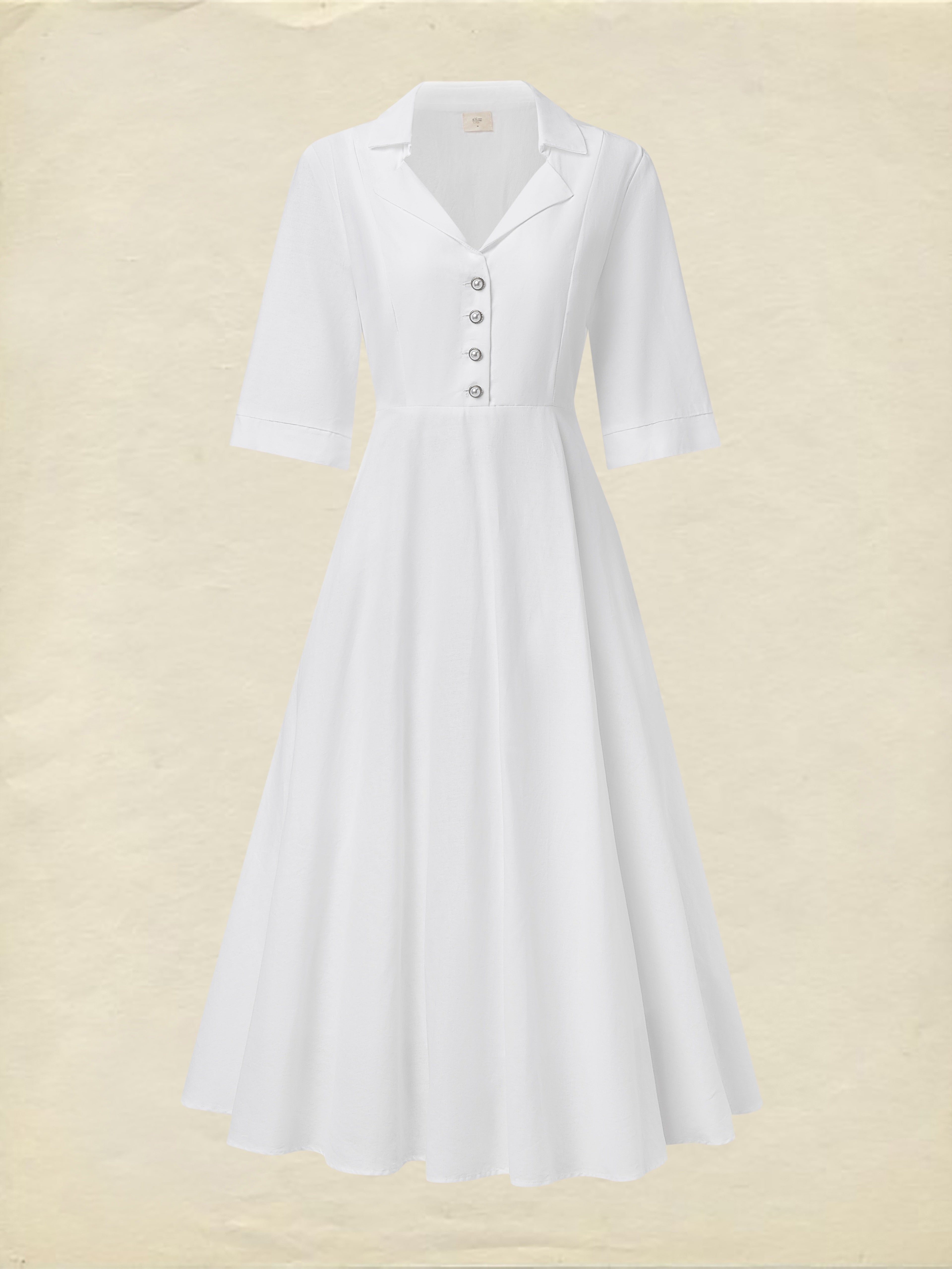 Linen Maxi Dress, Half Sleeve, Shawl Collar, Plain, Vintage, White