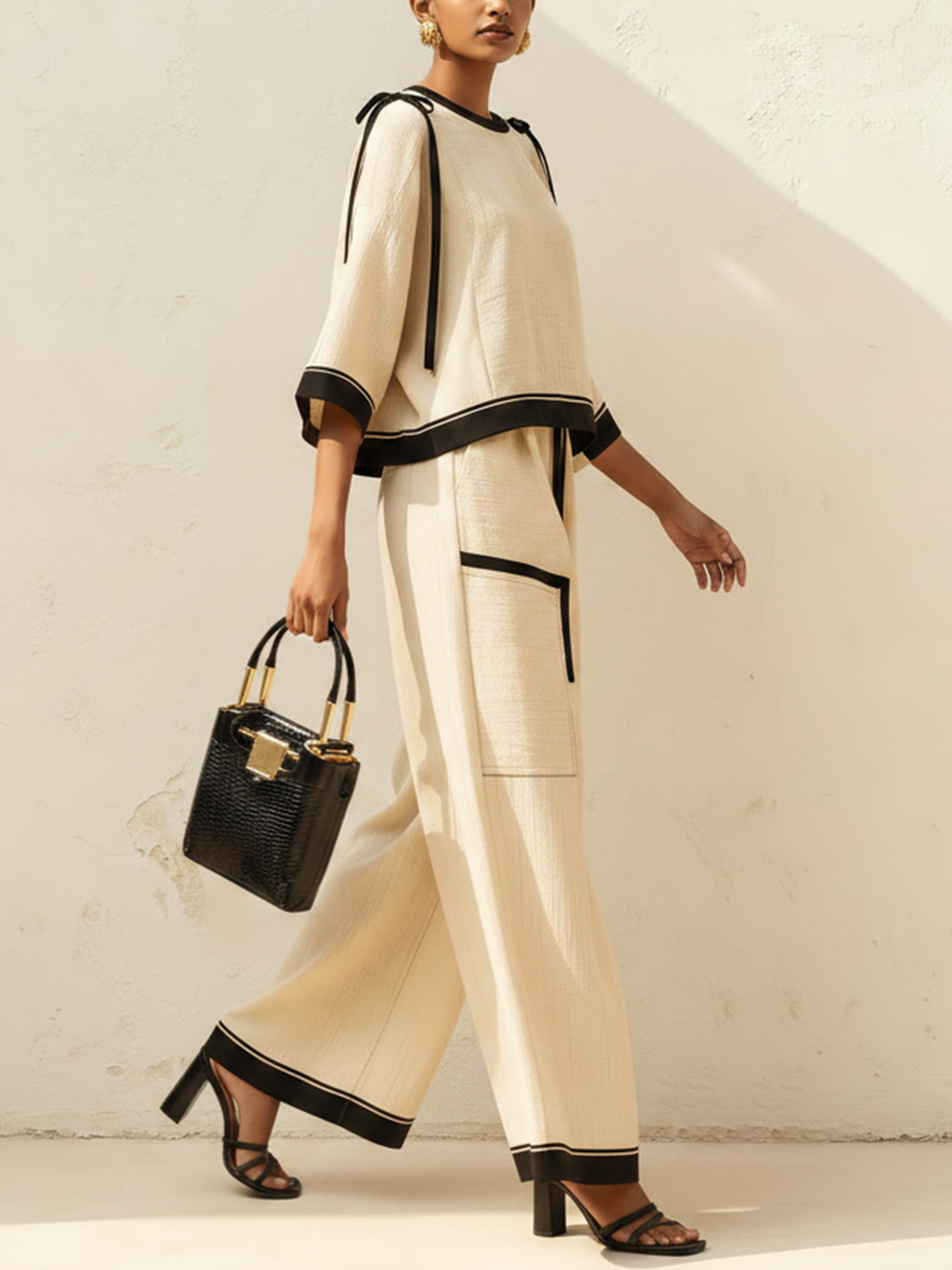 Beige Linen-Blend Contrast Trim Two-Piece Set