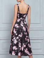 Black Pink Floral Square Neck Sleeveless A-Line Midi Dress