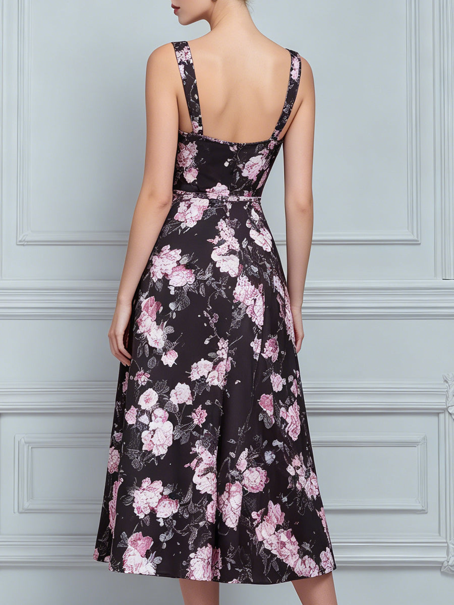 Black Pink Floral Square Neck Sleeveless A-Line Midi Dress