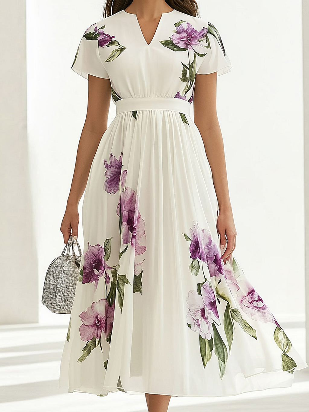 Elegant White Chiffon Floral Print A-Line Dress