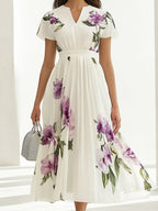 Elegant White Chiffon Floral Print A-Line Dress