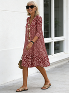 Bohemian Floral Print Half Sleeve V-neck Mid-Length Dress