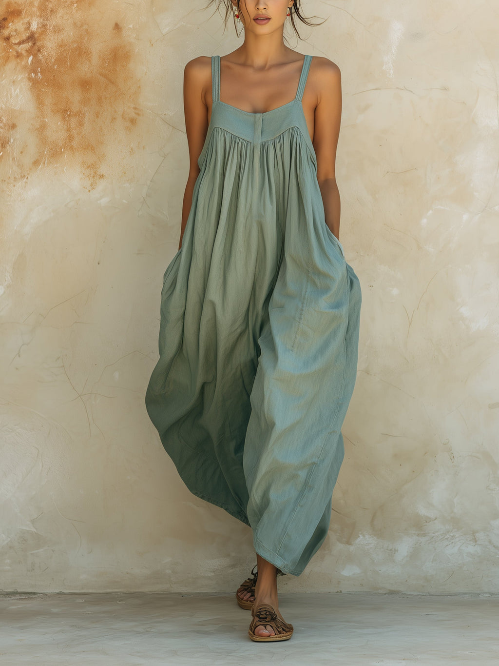 Sage Green Sleeveless Denim Jumpsuit - Loose Baggy Style With Pockets