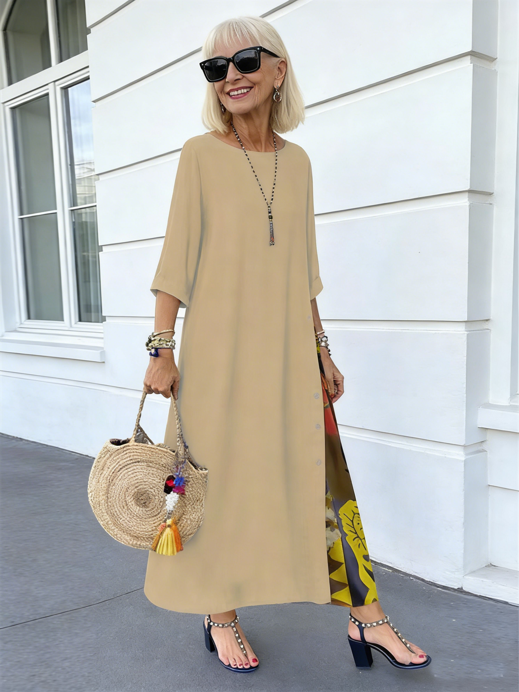 Floral round Neck Contrast Color Button Stitching 3/4 Sleeve Dress