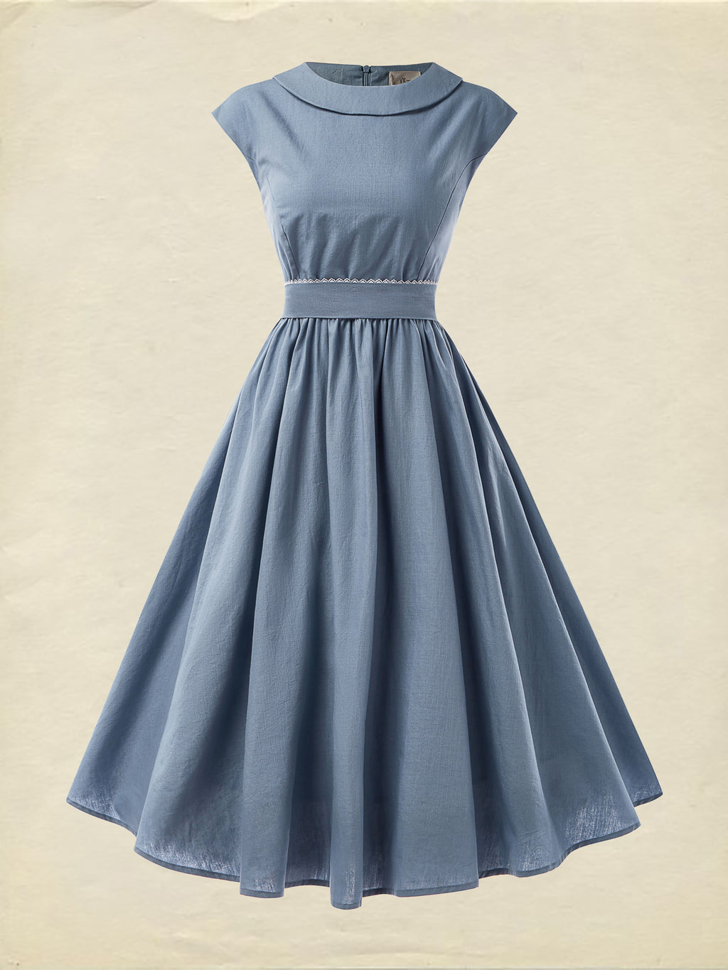 Linen Midi Dress, Sleeveless, Crew Neck, Plain, Vintage, Blue