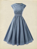 Linen Midi Dress, Sleeveless, Crew Neck, Plain, Vintage, Blue