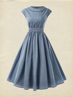 Linen Midi Dress, Sleeveless, Crew Neck, Plain, Vintage, Blue