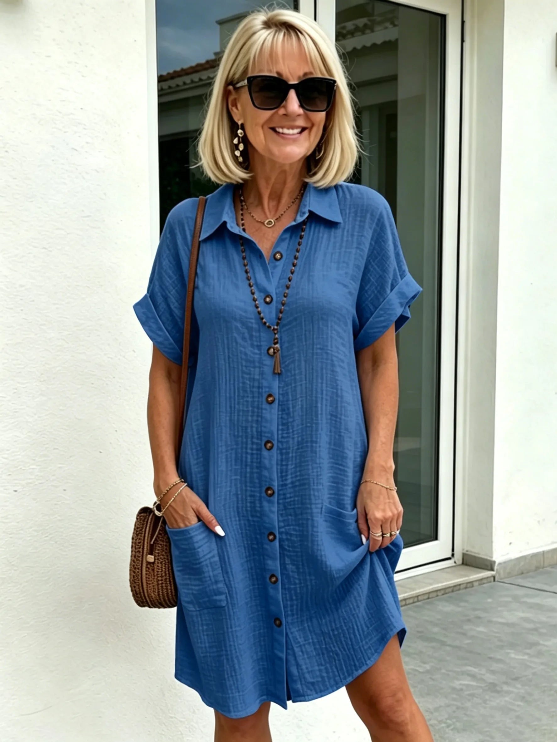 Solid Color Shirt Dress Simple, Made of Breathable, Featuring a Lapel Collar and Orderly Button Arrangement That Adds a Vintage Charm