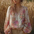 Bohemian Retro Countryside Style Plant Flower Design Cotton And Linen Women's Long-sleeve Shirt1