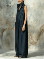 Dark Blue Denim Sleeveless Oversized Wide Leg Jumpsuit