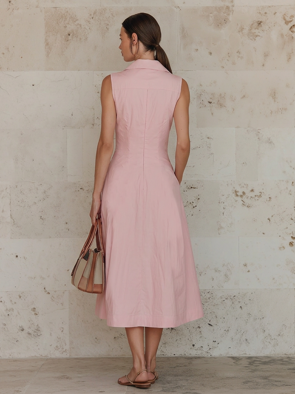 Blush Pink Cotton-Linen Blend Zip-Front Sleeveless Midi Dress