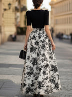 Black Puff Sleeve Bodice & Black Floral Print Maxi Dress