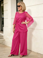 2Pcs Light Blue Chiffon 2 Piece Outfit, Irregular Twist Flare Sleeve Top & Wide Leg Pants Set for Mature Women