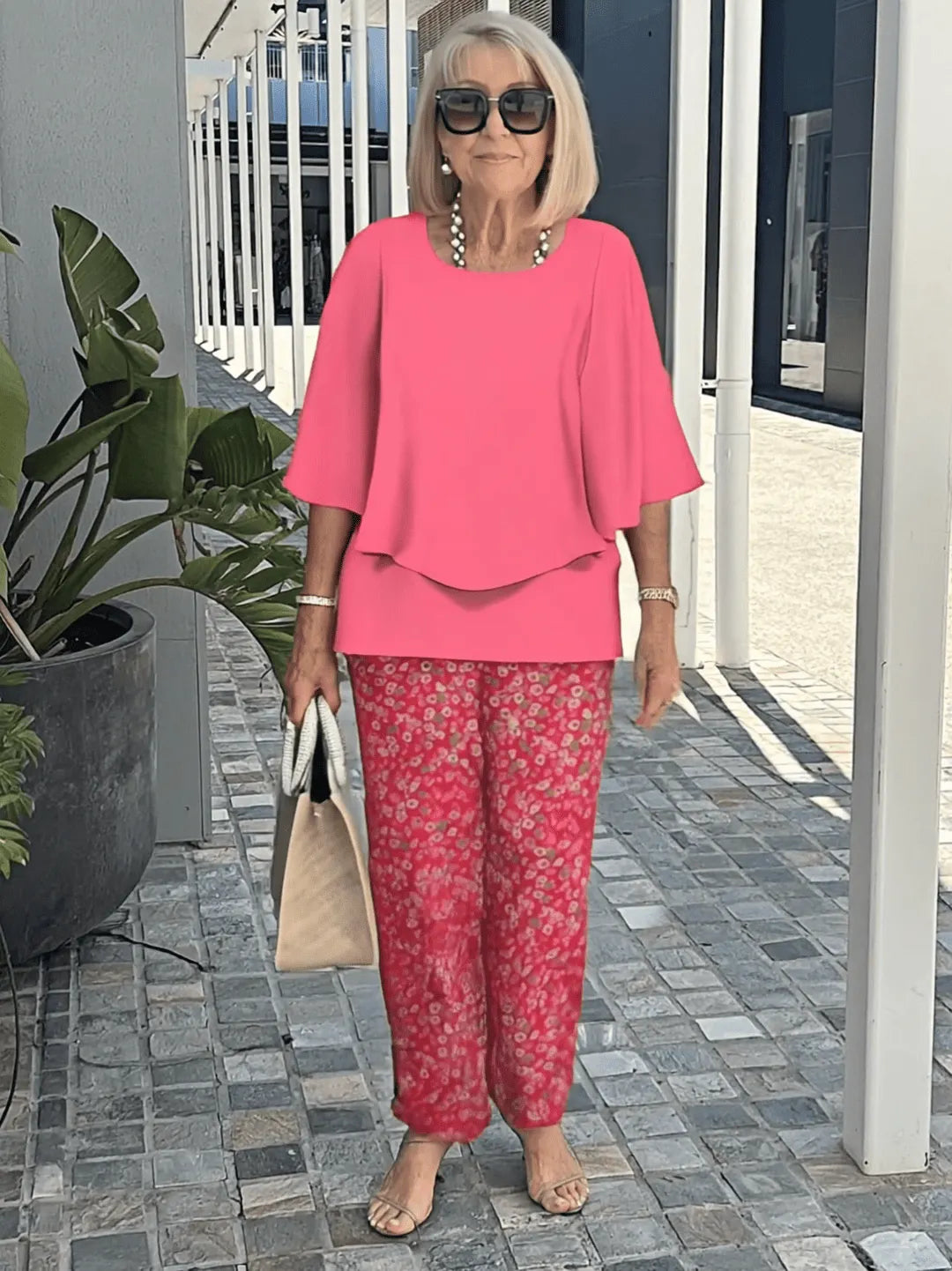 Casual Crew Neck Medium Sleeve Top Printed Floral Pants Set Two-piece Set