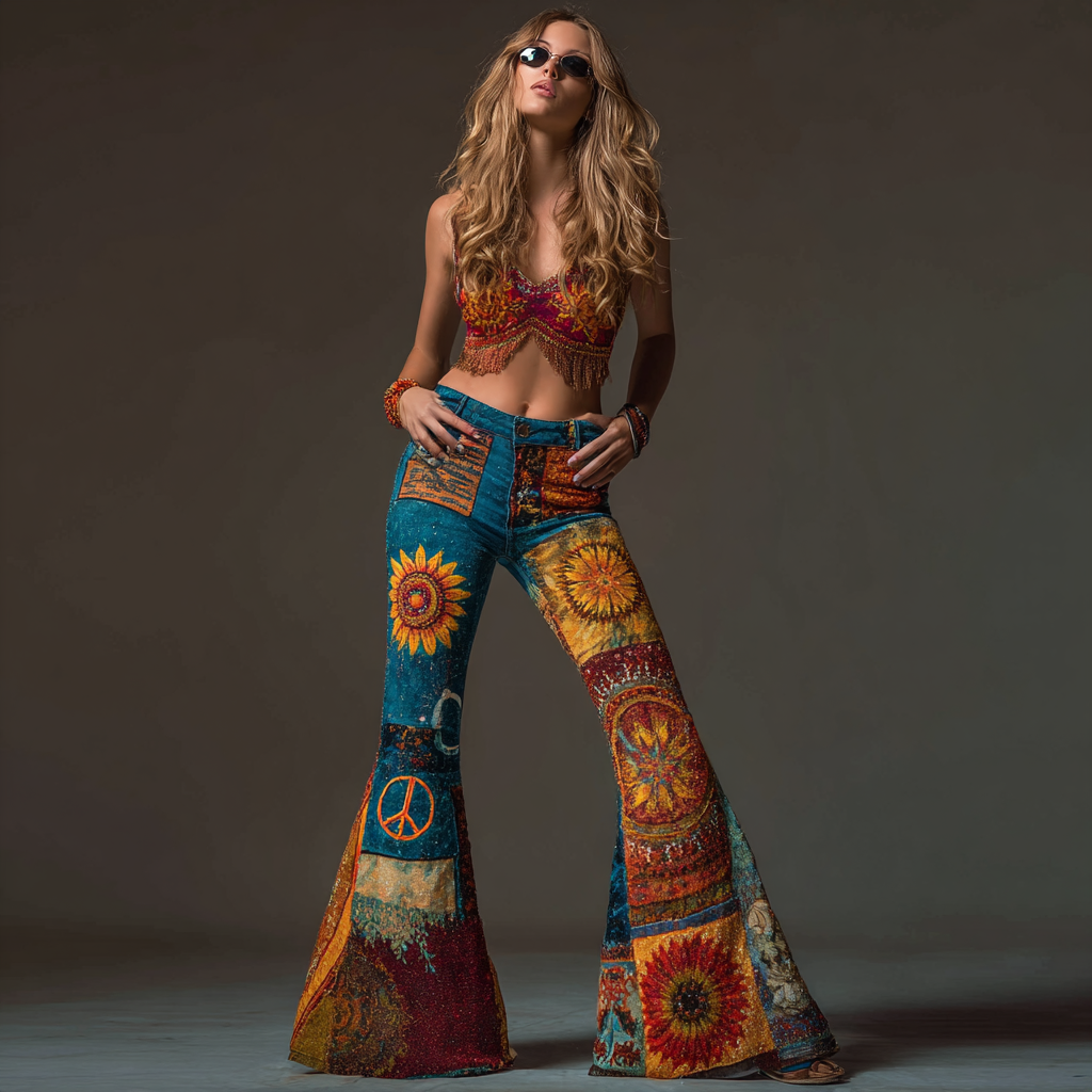 Hippie Bohemian Style Retro Patchwork Design Women's Tight Flared Jeans