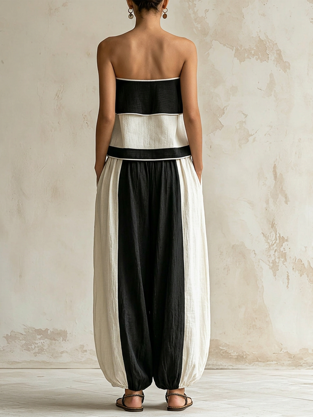 Black & White Color-Block Strapless Top & Balloon Pants Two-Piece Set