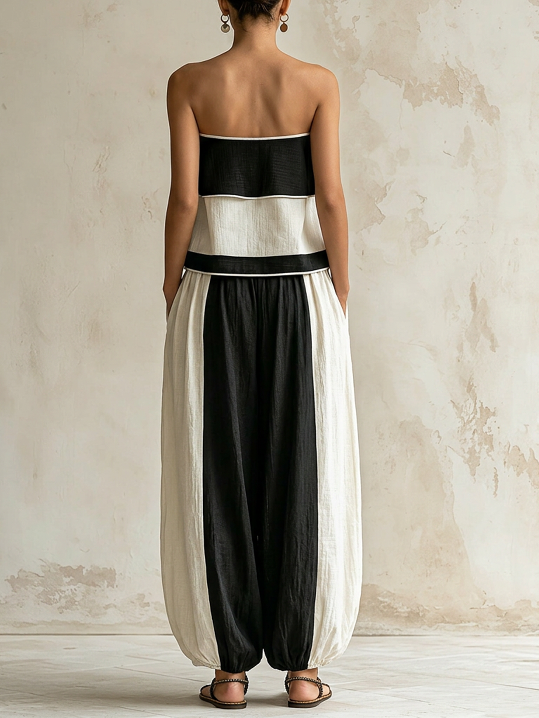Black & White Color-Block Strapless Top & Balloon Pants Two-Piece Set