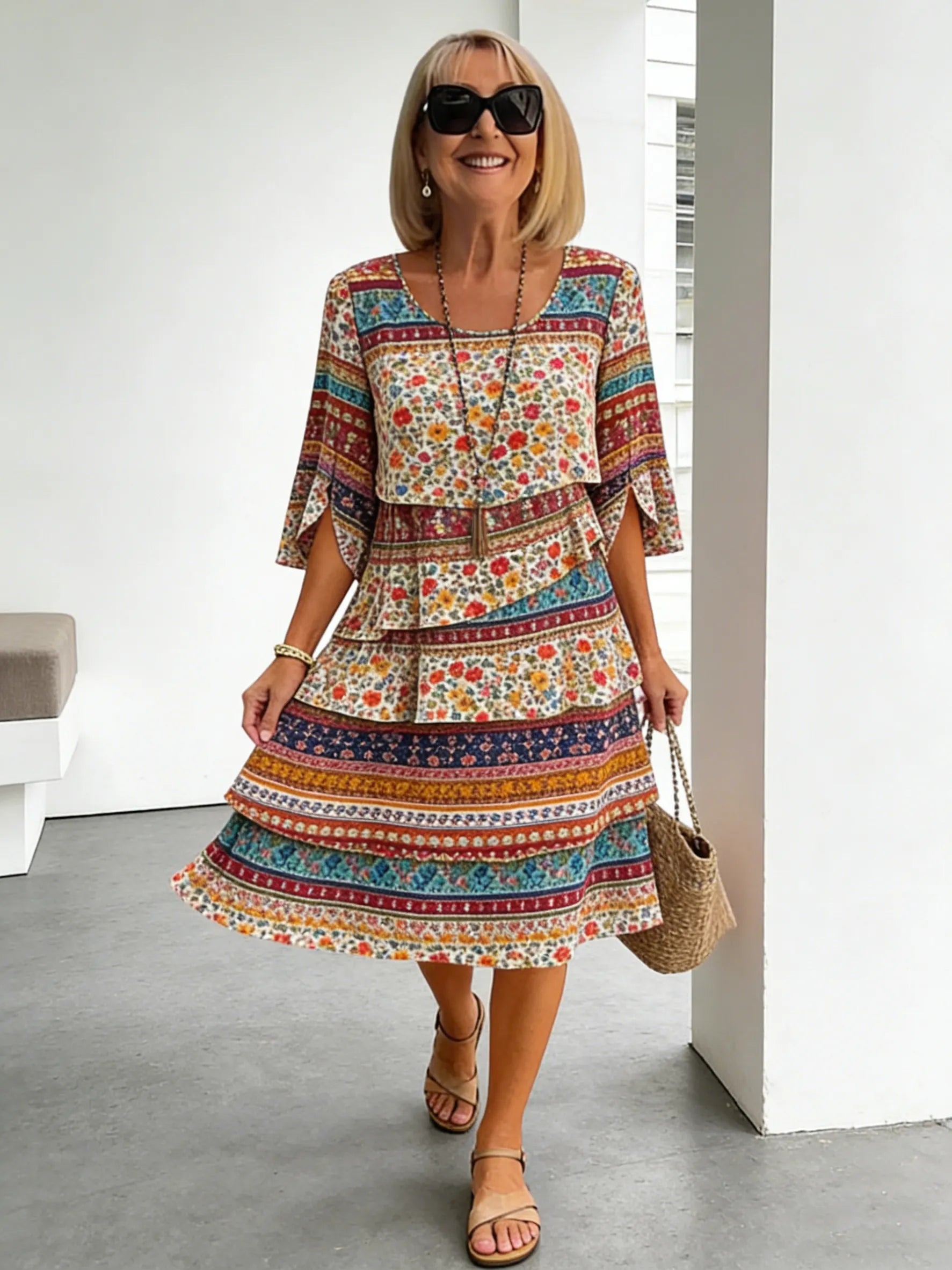 Chiffon Paisley Vacation Prints Color Round Neck Cake Skirt Splicing Dress Mid-length