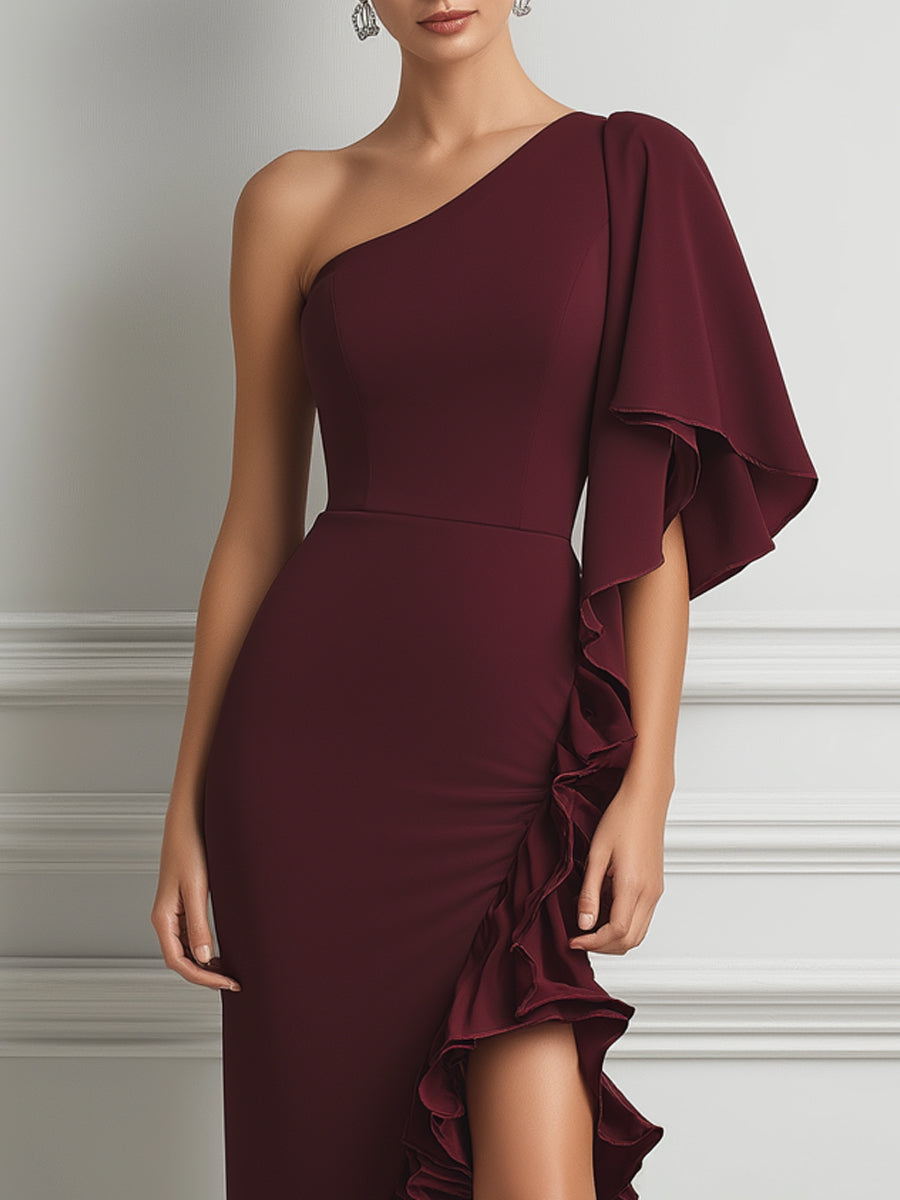 Burgundy One-Shoulder Ruffled Slit Midi Dress