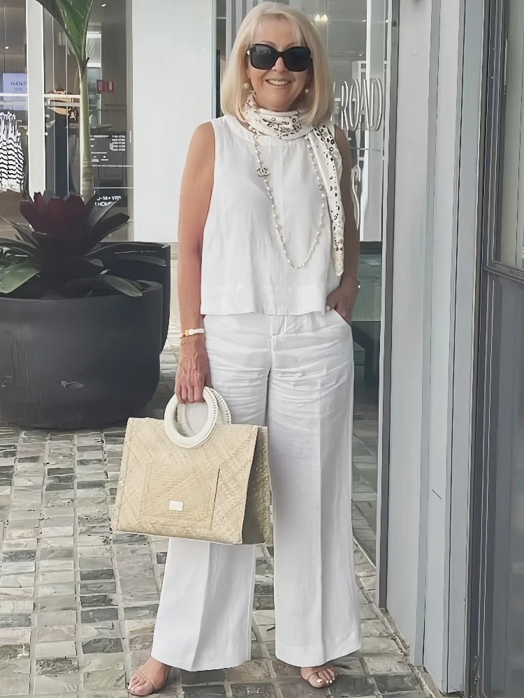 Sleeveless Solid Cotton and Linen Set for Breathable and Comfortable Holiday Two-Piece Set