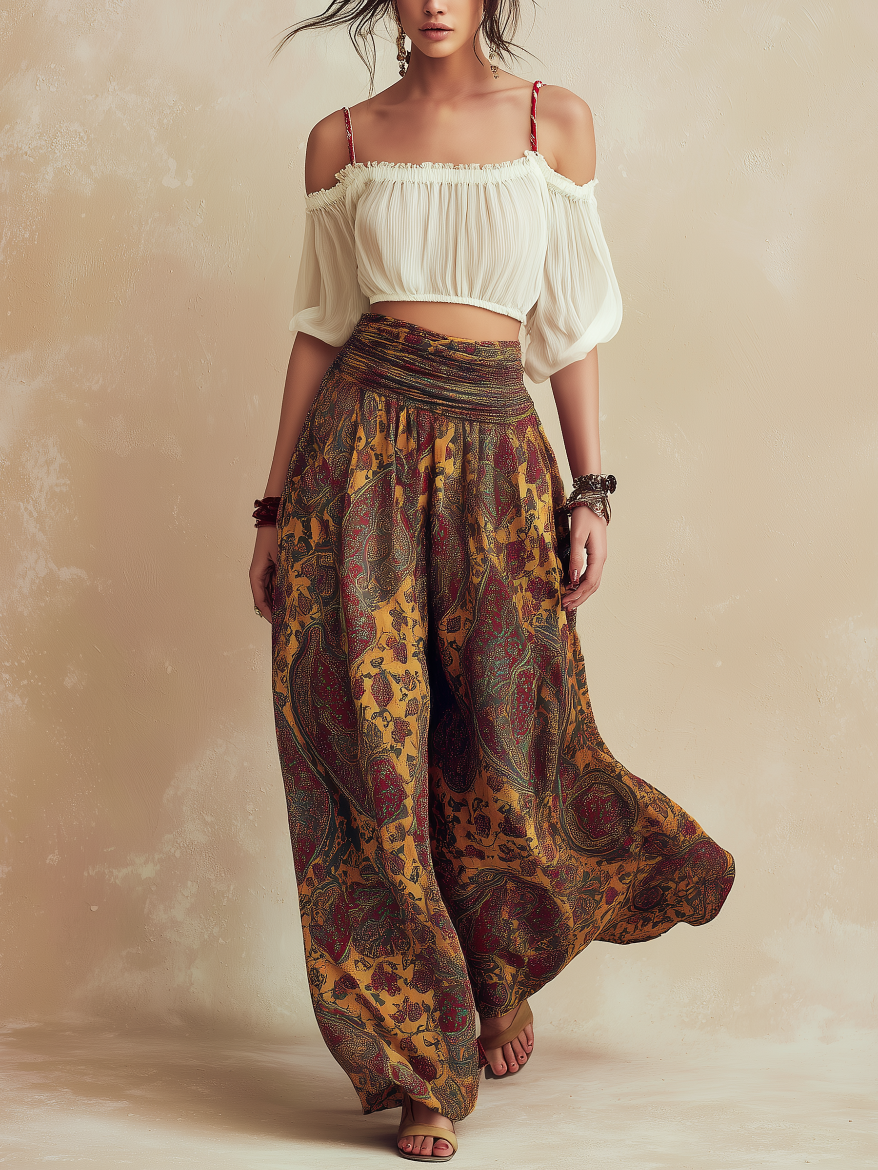 Bohemian Off-Shoulder Two-Piece Set - Flowy Printed Palazzo Pants & Crop Top