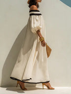 Loose-fitting Color-blocked Off-the-shoulder Cotton-linen Maxi Dress