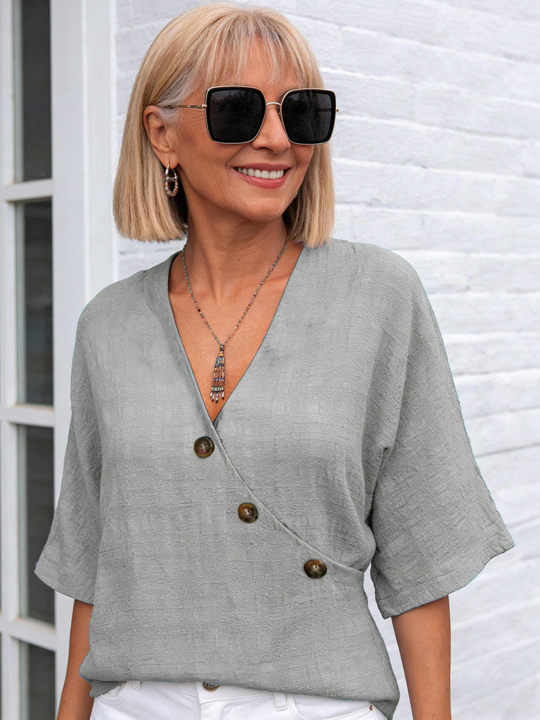 Top V-neck Solid Color Shirt Cotton and Linen