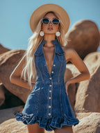 [24-hour shipping out]Fashionable Denim Ruffle Sleeveless Button Mini Dress