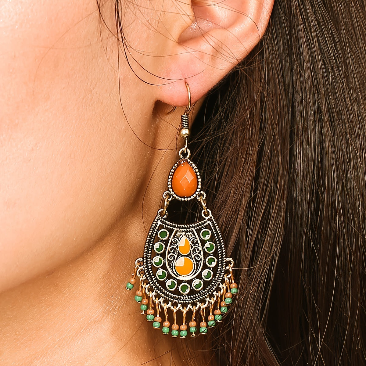 Bohemian Birthstone Beaded Tassel Drop Dangle Earrings Silver Plated Vintage Decor Party Holiday Gift For Women 1Pair