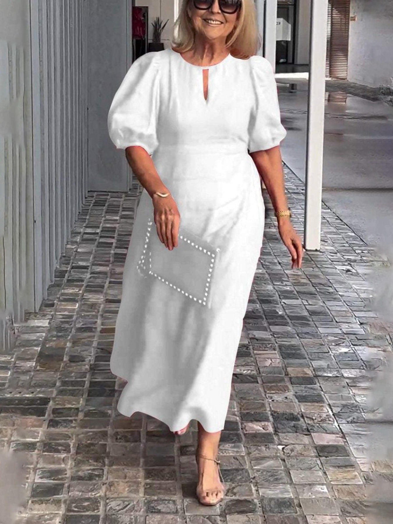 Evening Dress Formal Dress Solid Color Loose-Fitting Casual Round-Neck Small Lantern Sleeves