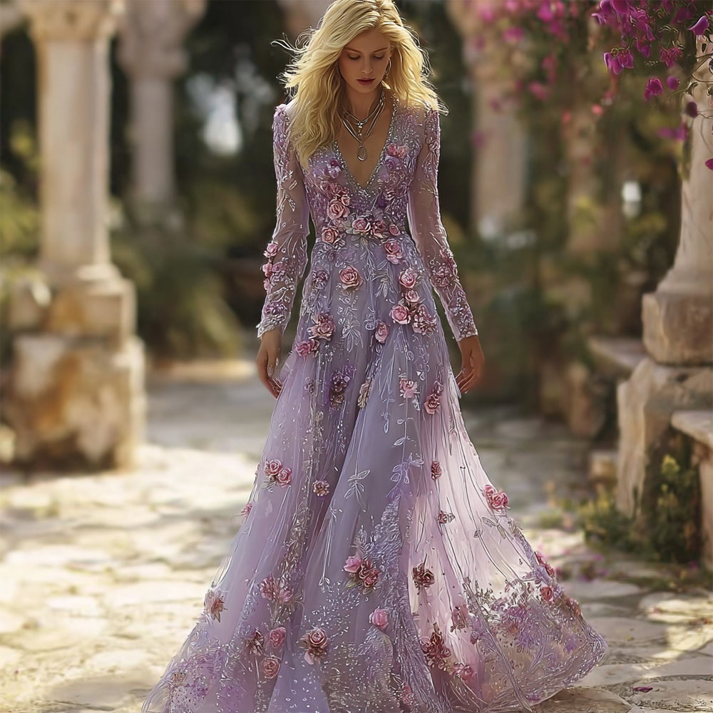 Vintage Purple Roses Glitter Embroidered Flowy Maxi Dress
