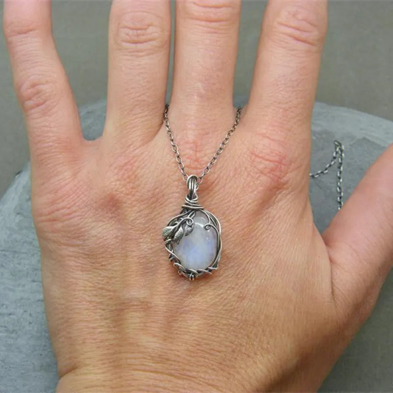Moonstone Necklace Pendant Boho Leaf Rattan