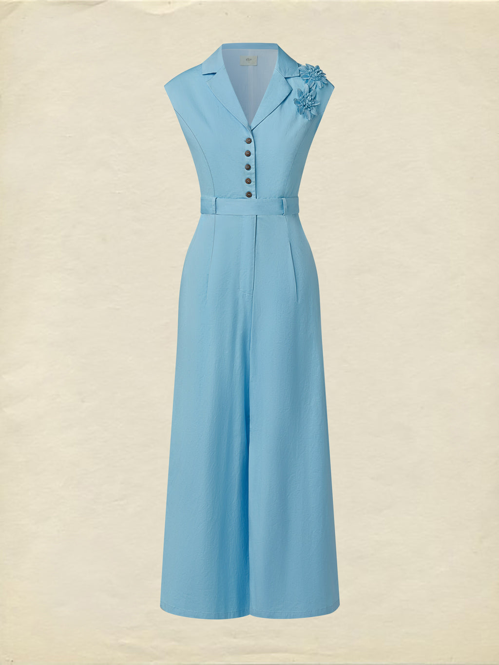 Cotton Jumpsuit , Cap Sleeves, V Neck, Plain, 3D Floral, French Vintage, Blue
