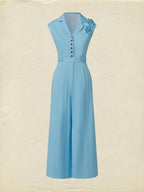 Cotton Jumpsuit , Cap Sleeves, V Neck, Plain, 3D Floral, French Vintage, Blue